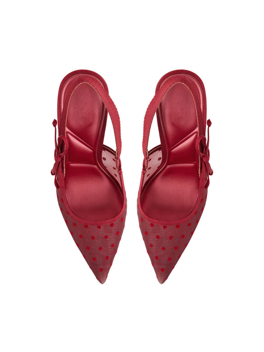Red Mesh Pointed-Toe Satin Slingback With Bow High Heels