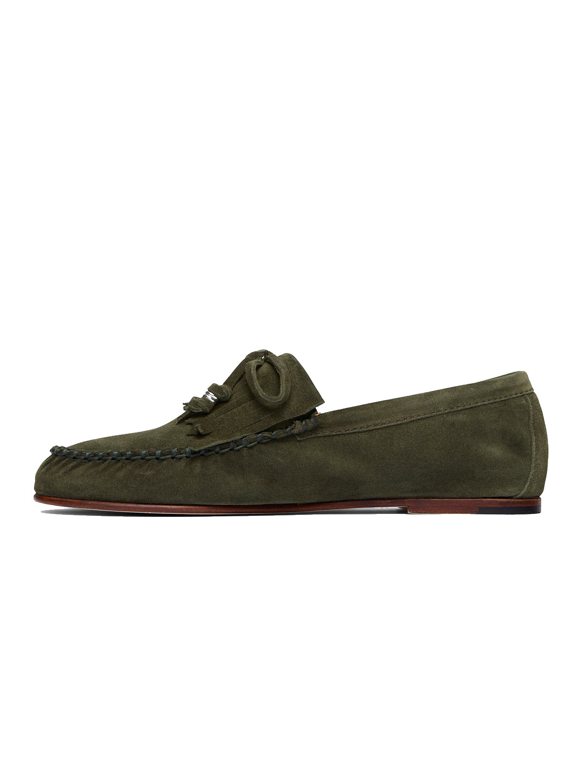 Coffee Cow Suede Round-Toe Front Bow And Fringe Flats