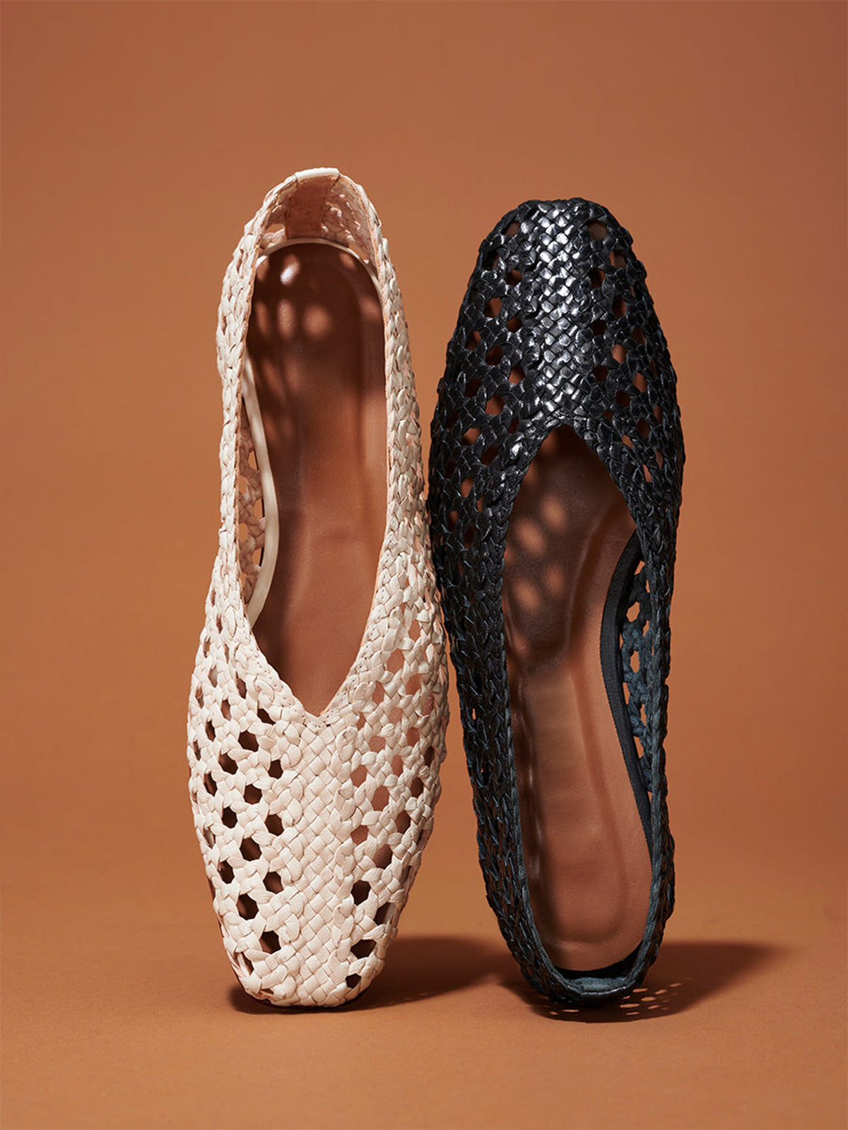 Beige Woven Vegan Leather Square-Toe Chic Ballet Flats