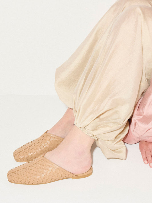 Cognac Woven Vegan Leather Square-Toe Simple Backless Slide Flats