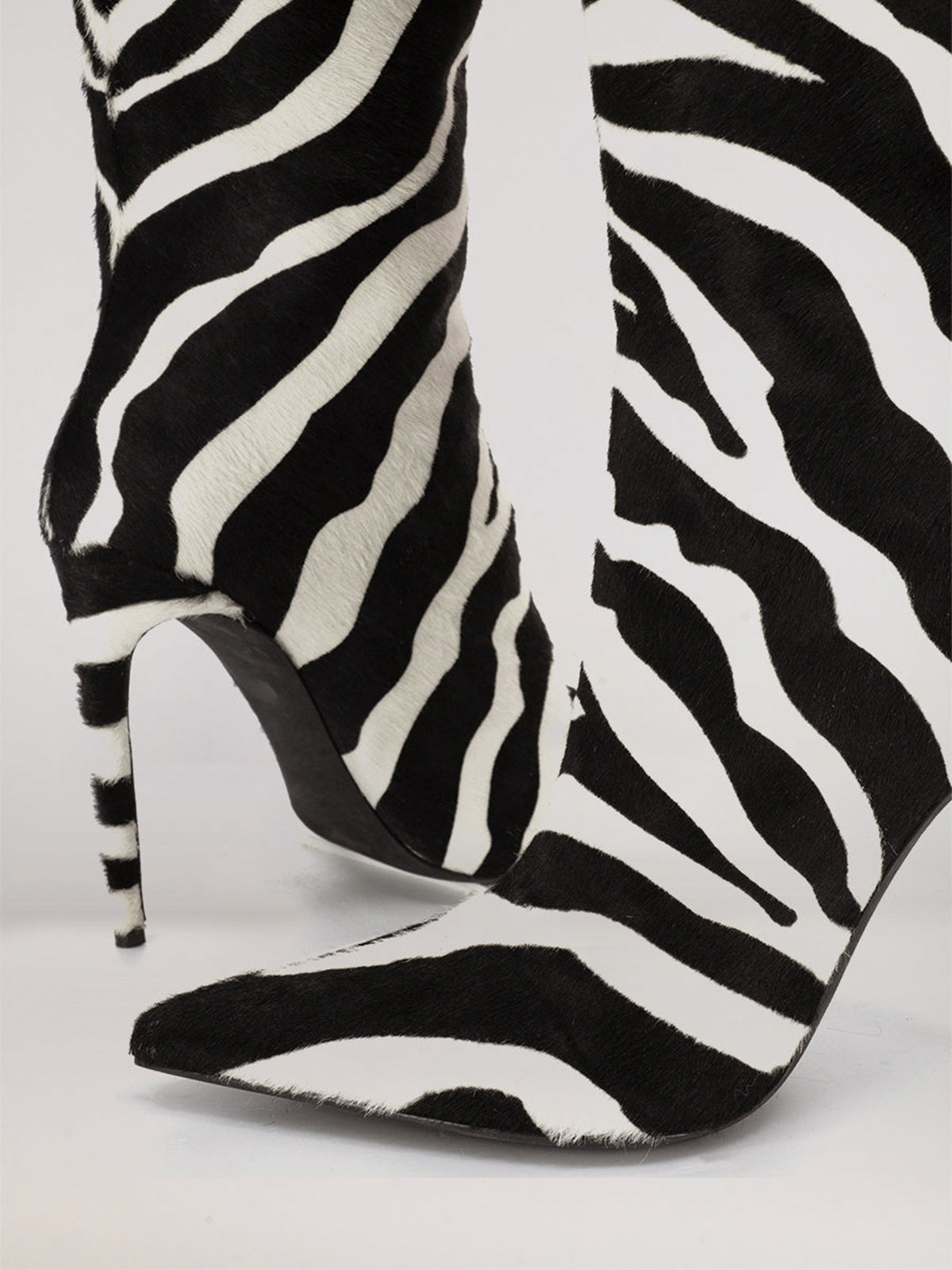 Faux Zebra Pointed-Toe Wide Calf Over-The-Knee Stiletto Boots