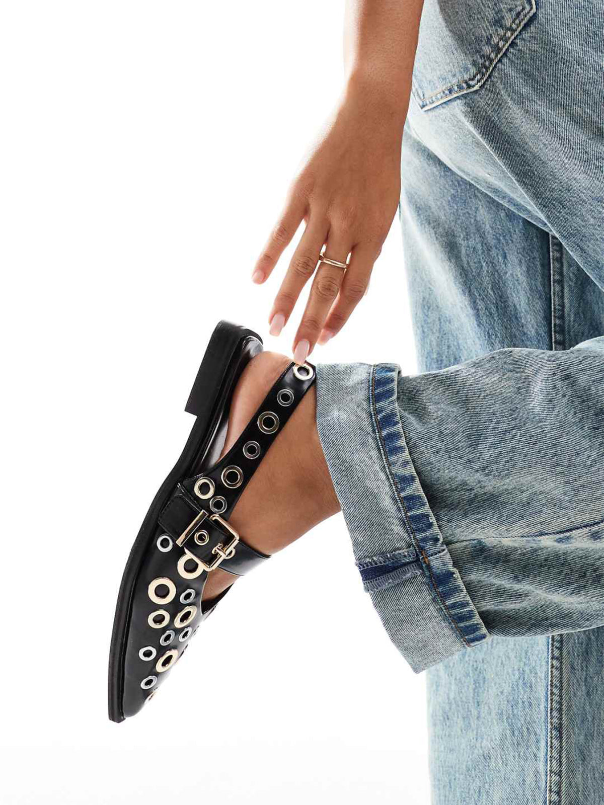 Black Pointed-Toe Mary Jane Slingback Full Eyelets Flats