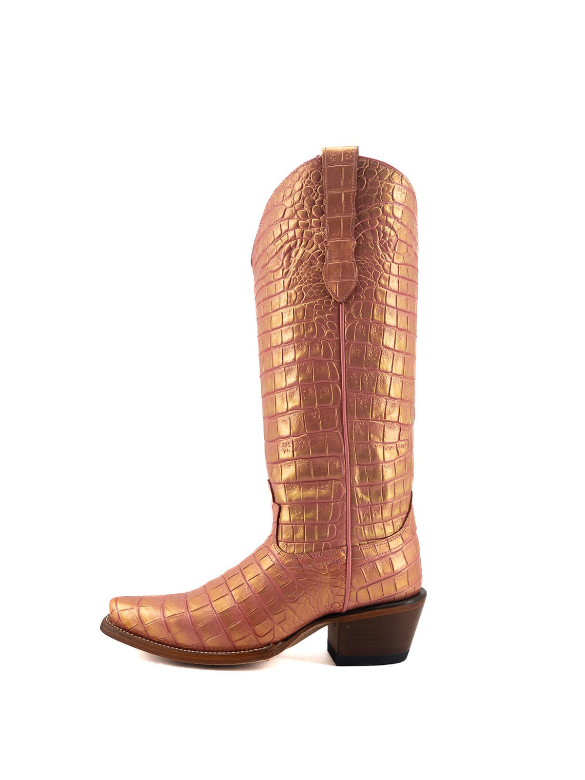 Metallic Pink Crocodile Print Snip-Toe Half-Zip Knee High Cowgirl Boots