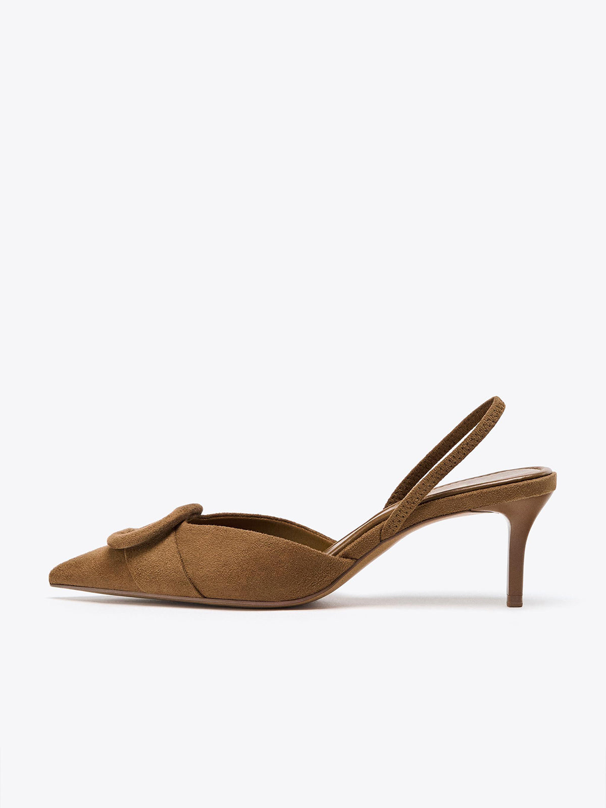 Brown Faux Suede Pointed-Toe Front Applique Slingback Kitten Heels