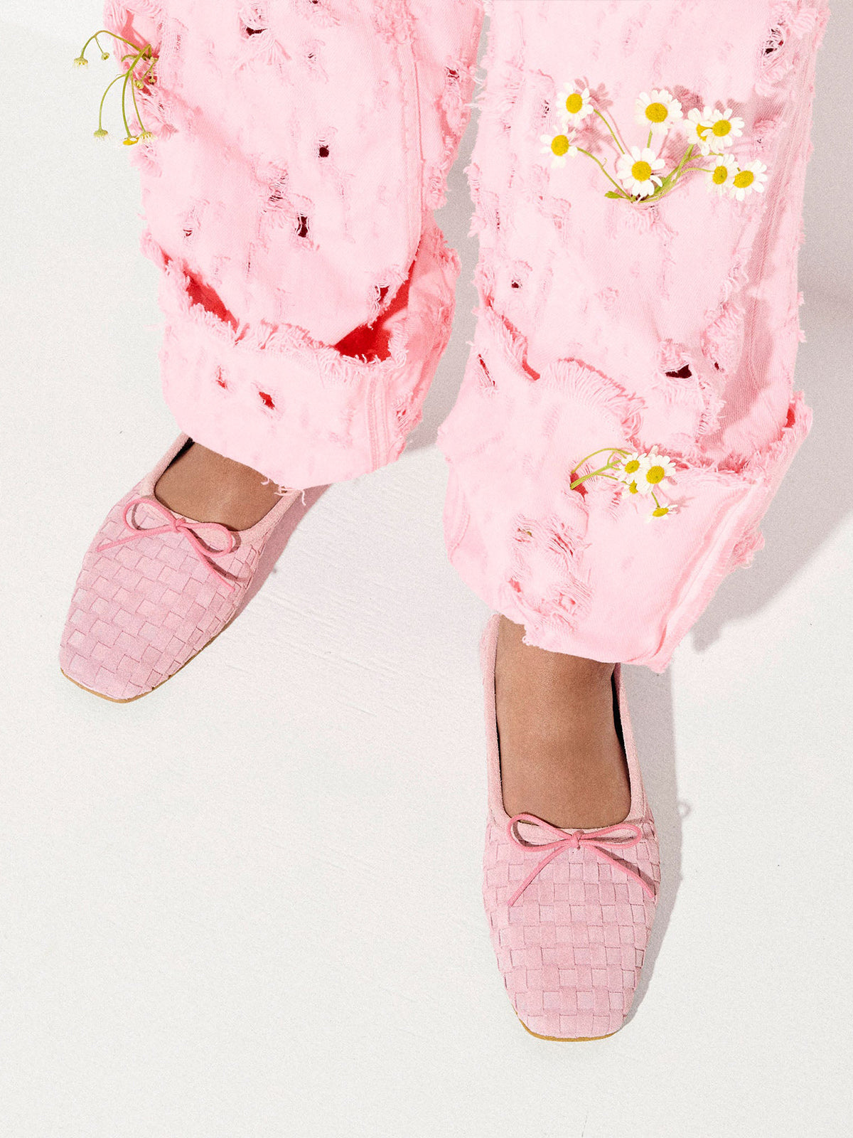Pink Woven Faux Suede Square-Toe Front Bow Ballet Flats