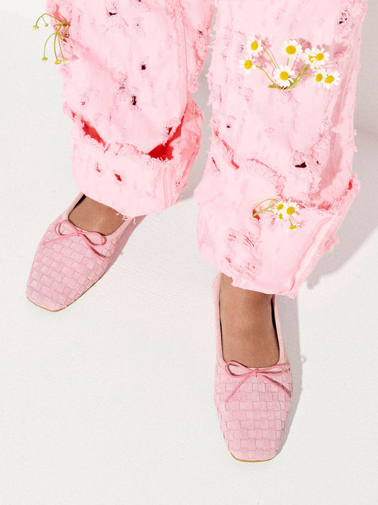 Pink Woven Faux Suede Square-Toe Front Bow Ballet Flats