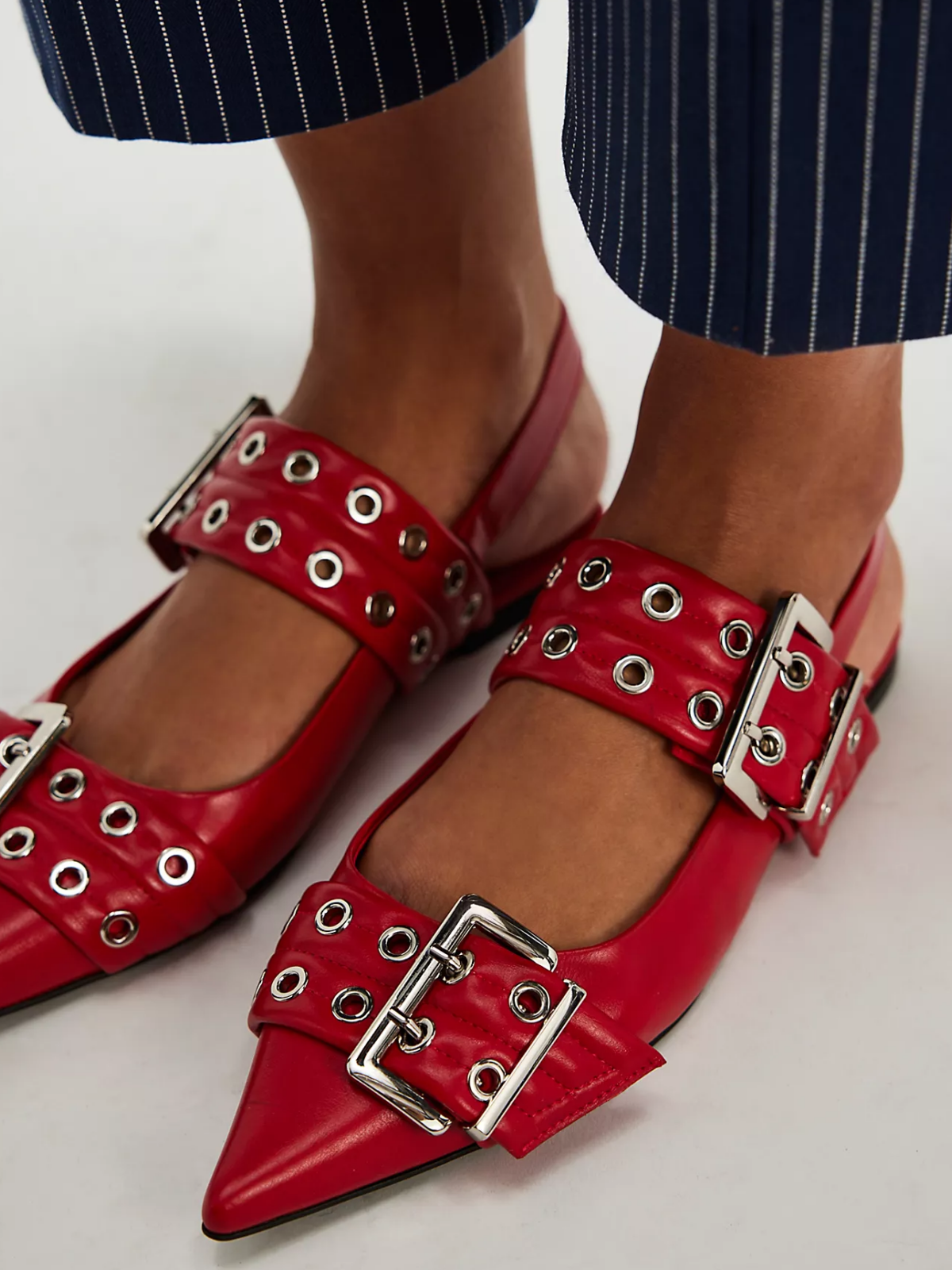 Red Pointed-Toe Slingback Strap Double Grommet-Buckle Straps Flats