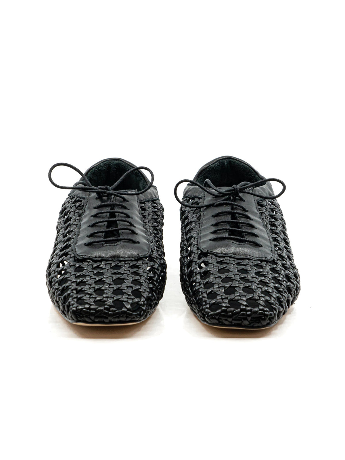 Black Woven Vegan Leather Square-Toe Chic Lace-Up Flats