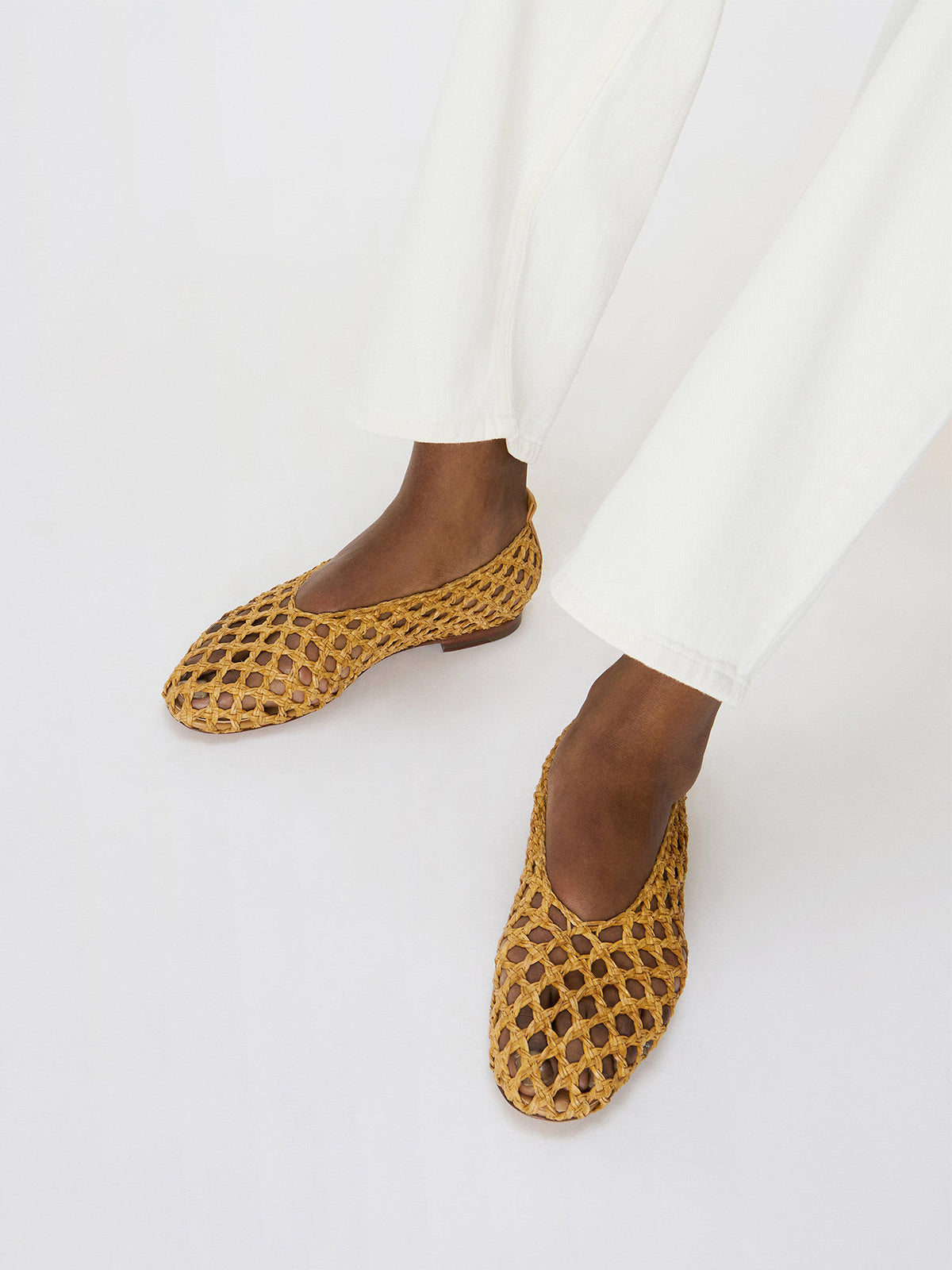 Light Camel Woven Vegan Leather Round-Toe Simple Slip-On Flats