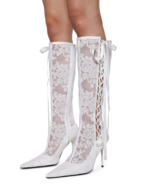 White Lace Mesh Pointed-Toe Side Satin Lace-Up Full-Zip Knee High Stiletto Boots