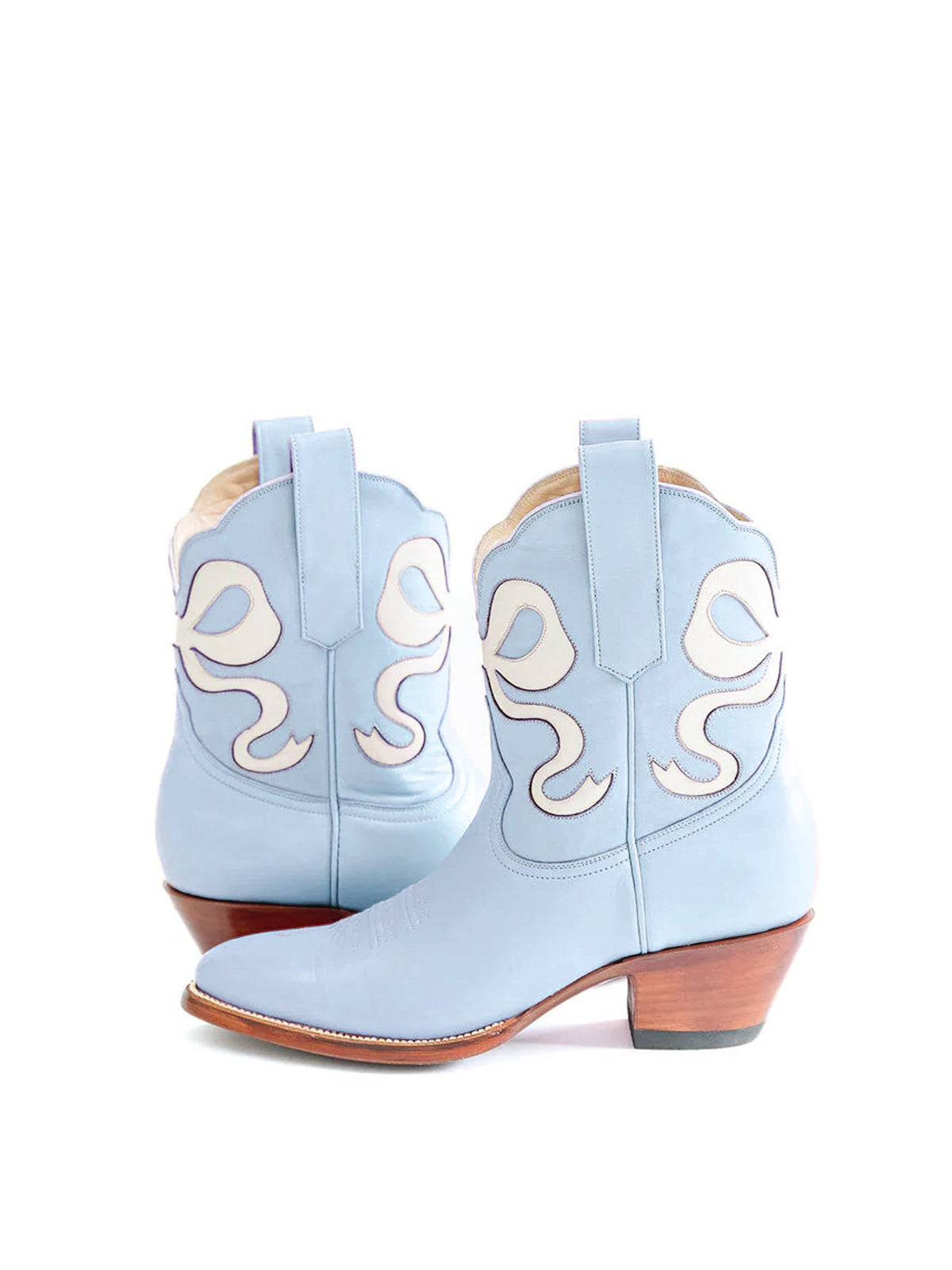 Blue Almond-Toe Ankle Western Boots With White Bowknot Inlay
