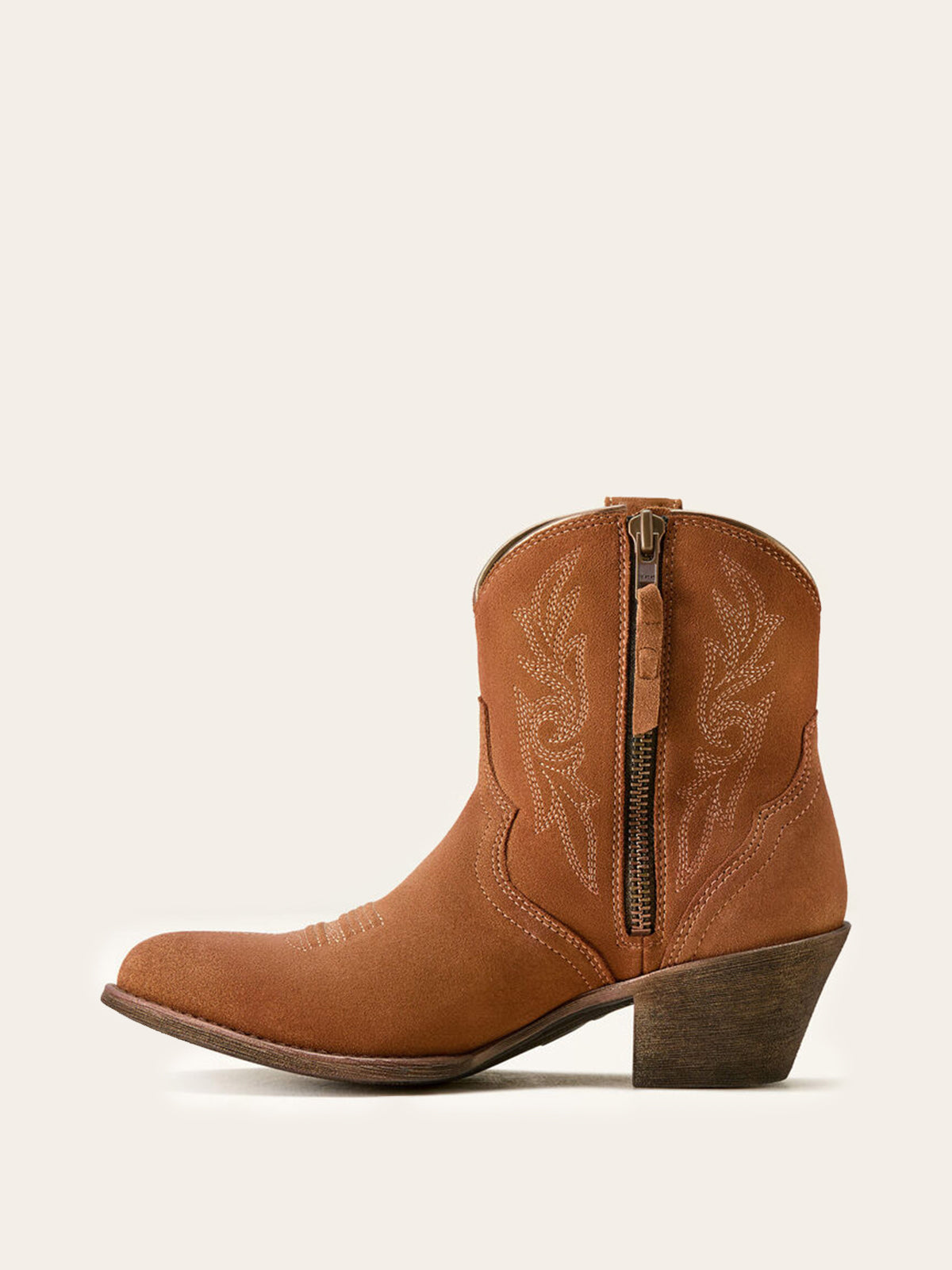 Walnut Brown Faux Suede Almond-Toe Embroidery Full-Zip Short Mid Calf Cowgirl Boots