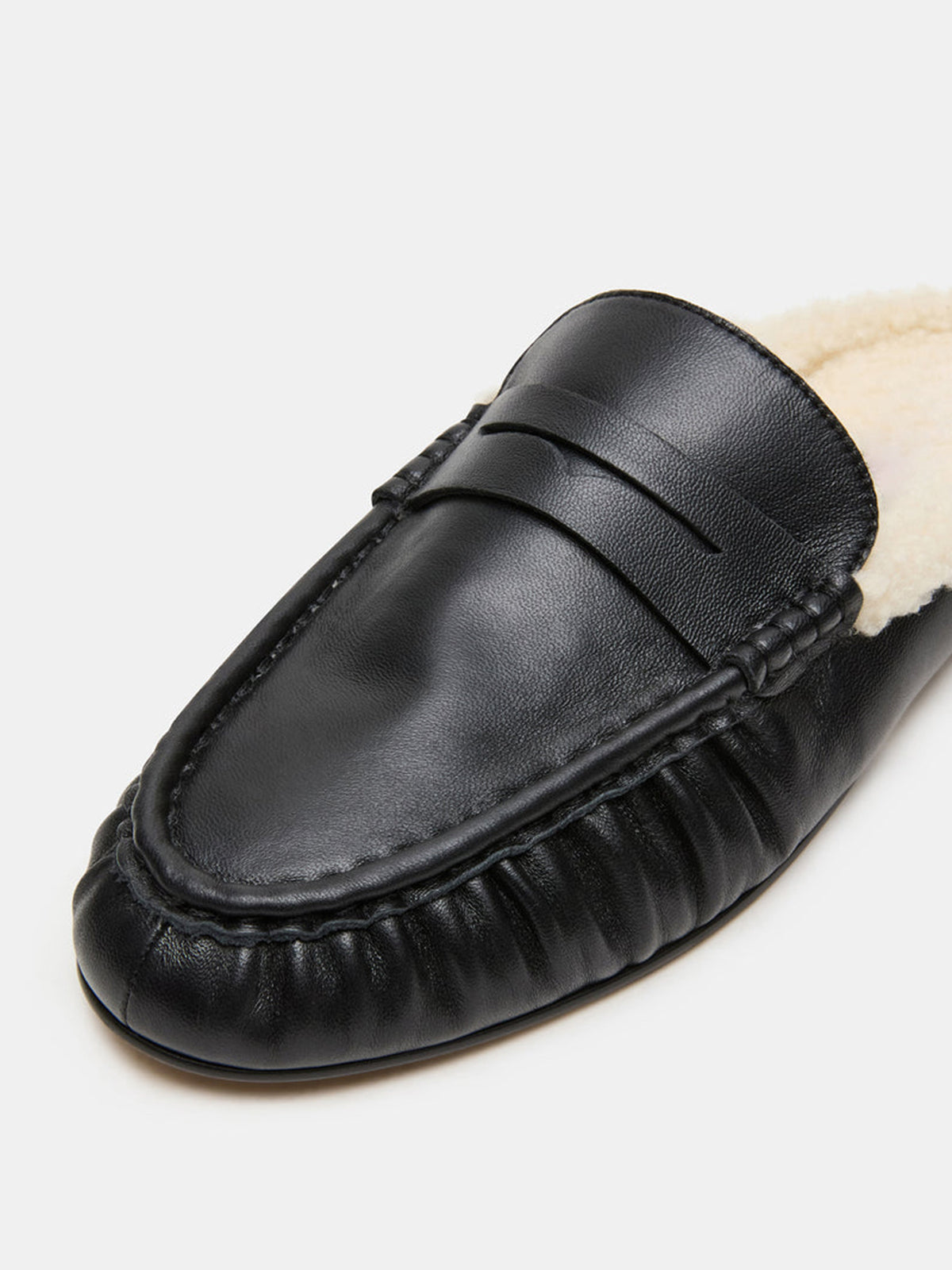 Black Vegan Leather And Plush Round-Toe Backless Simple Flats