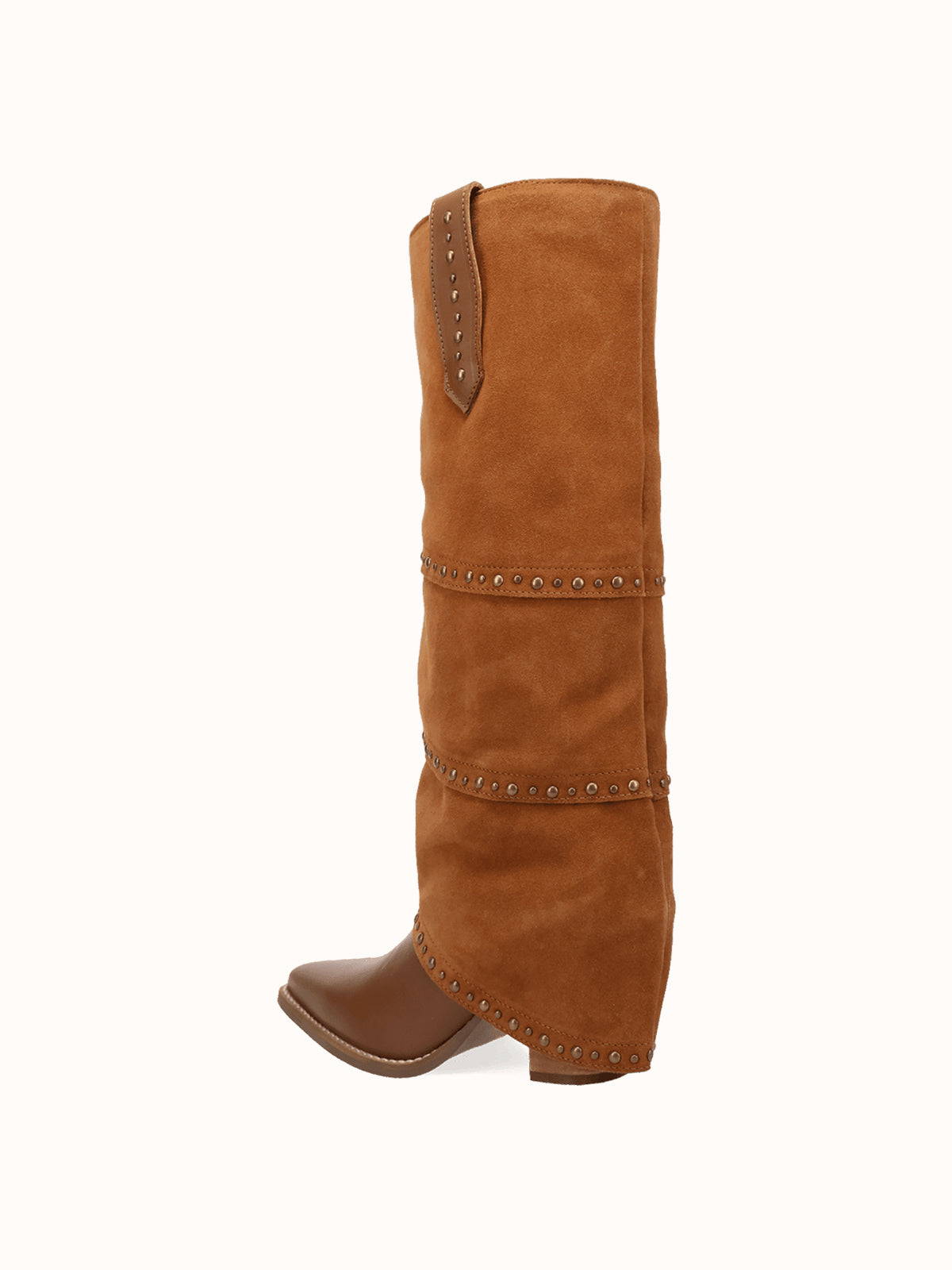Brown Snip-Toe Faux Suede Fold-Over With Studs Wide Calf Knee High Cowgirl Boots