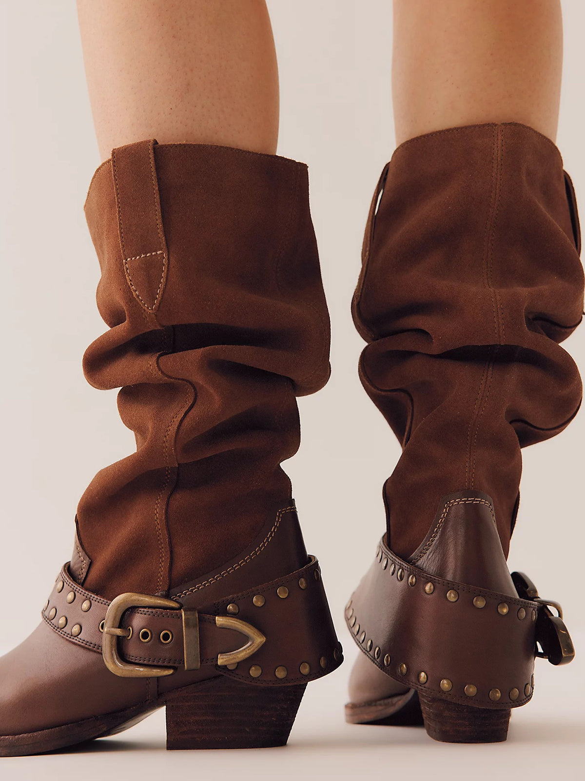 Brown Pointed-Toe Studded Buckle Strap Wide Calf Knee High Cowgirl Boots