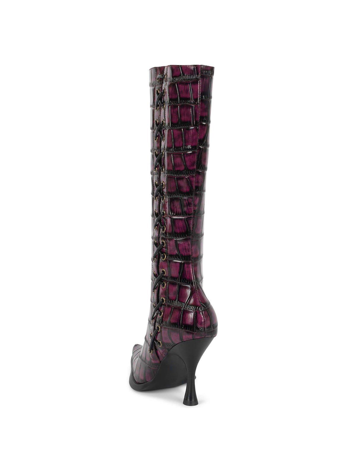 Wine Black Pointed-Toe Side Lace-Up And Full-Zip Wide Calf Knee High Stiletto Boots