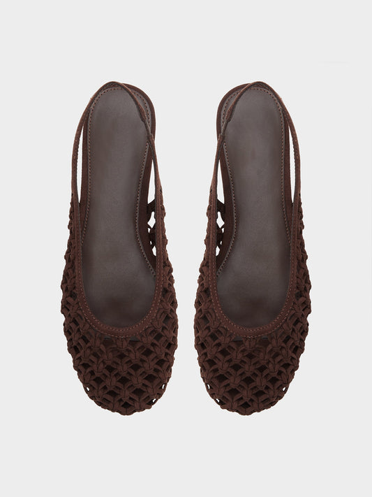 Dark Brown Woven Faux Suede Round-Toe Chic Back Strap Flats