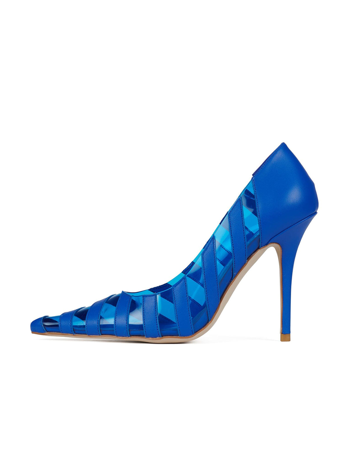 Blue Contrast Vegan Leather And PVC Film Pointed-Toe Slip-On High Heels