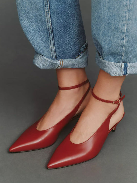 Red Pointed-Toe Chic Slingback And Buckle Ankle Strap Kitten Heels