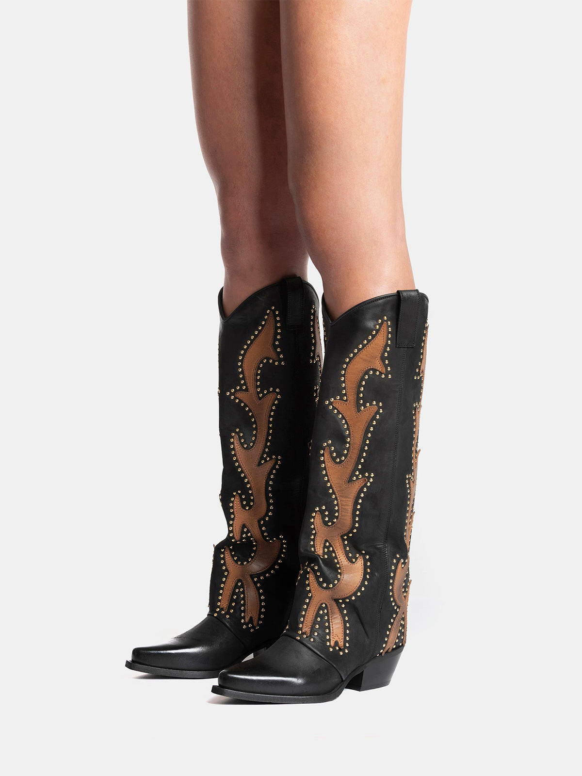 Black Snip-Toe Inlays Studs Wide Calf Knee High Cowgirl Boots