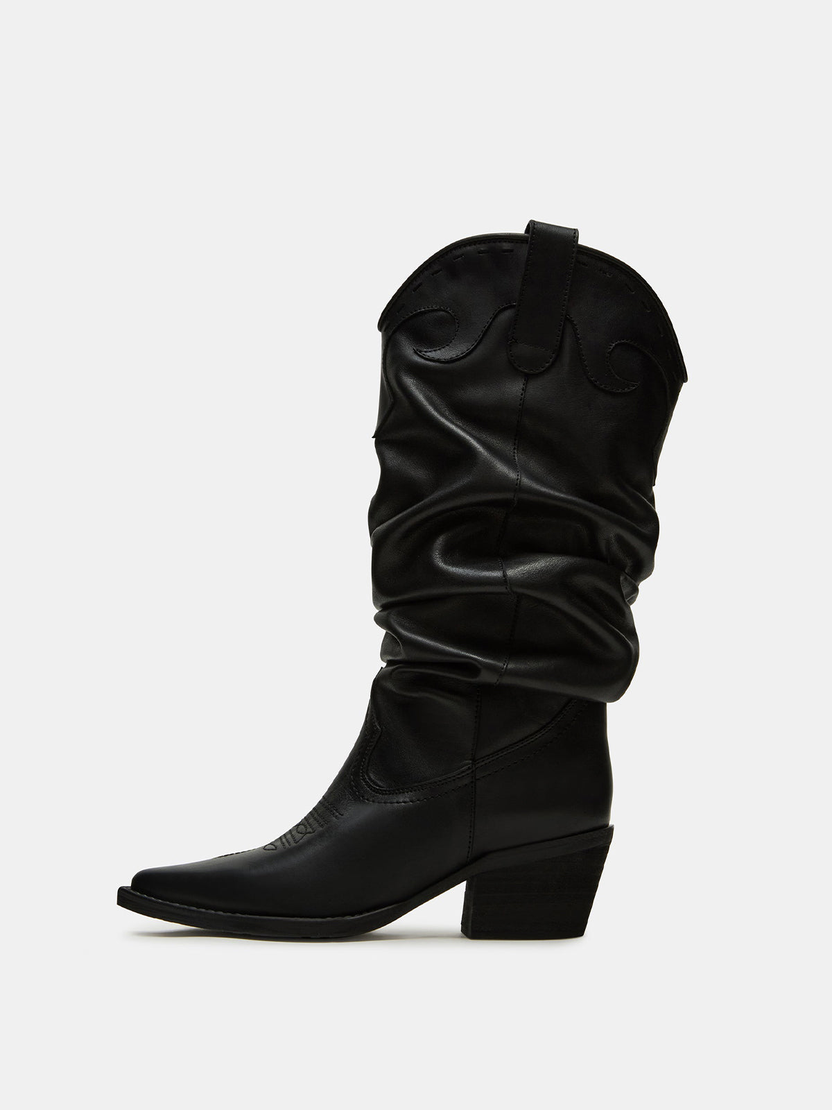 Black Pointed-Toe Scrunched Tall Knee High Wide Calf Cowgirl Boots