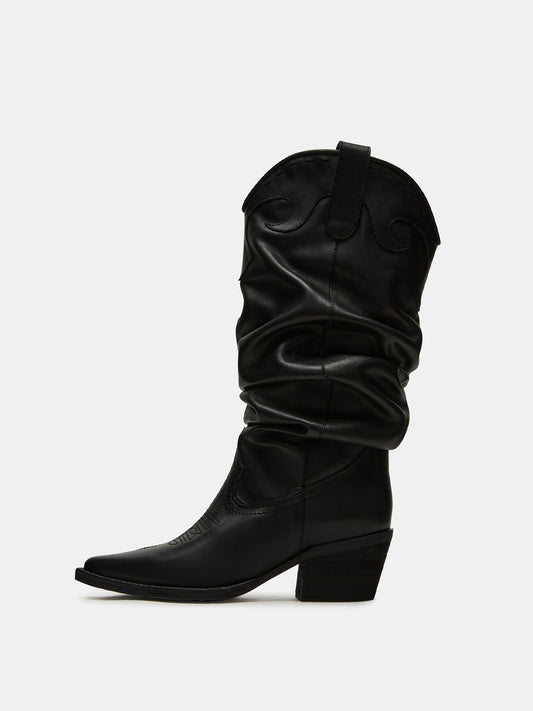 Black Pointed-Toe Scrunched Tall Knee High Wide Calf Cowgirl Boots