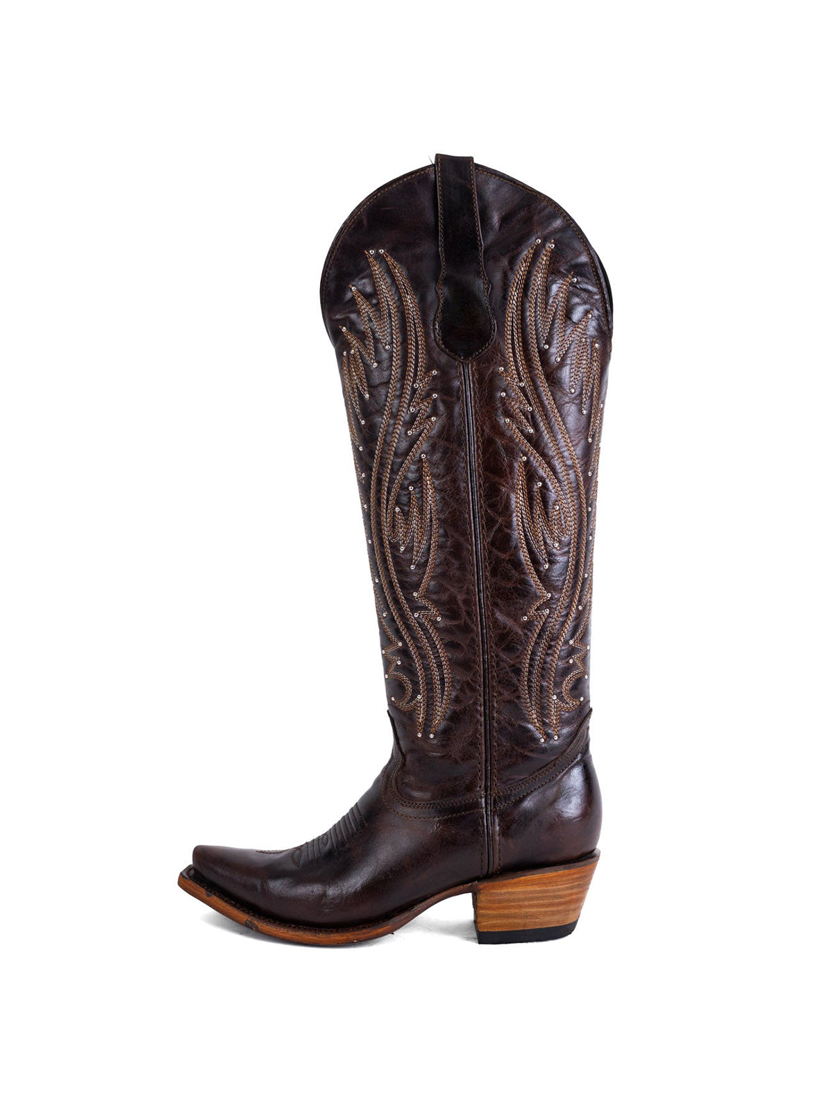Chocolate Western Snip-Toe Embroidery And Studs Half-Zip Knee High Cowgirl Boots