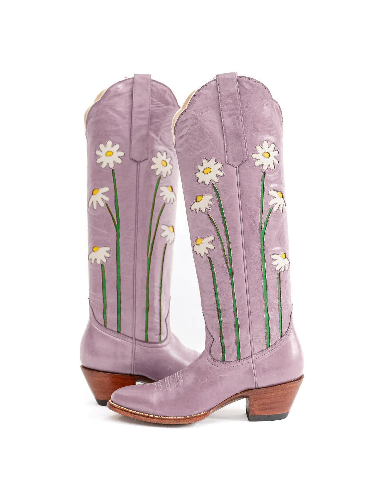 Lavender Almond-Toe Wide Calf Western Boots Knee High Tall Boots With Floral Inlay