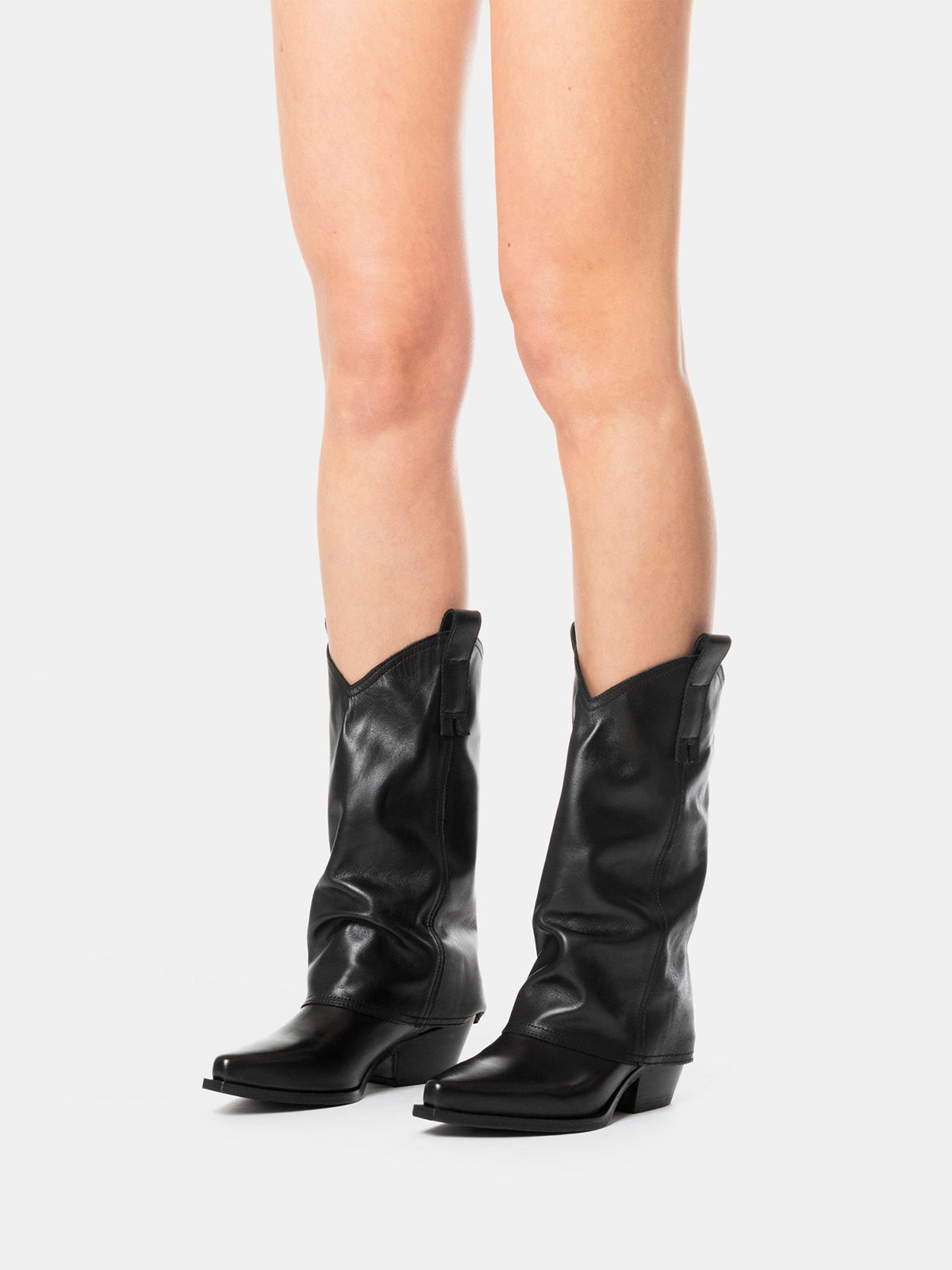 Black Snip-Toe Mid Calf Fold-Over Cowgirl Boots