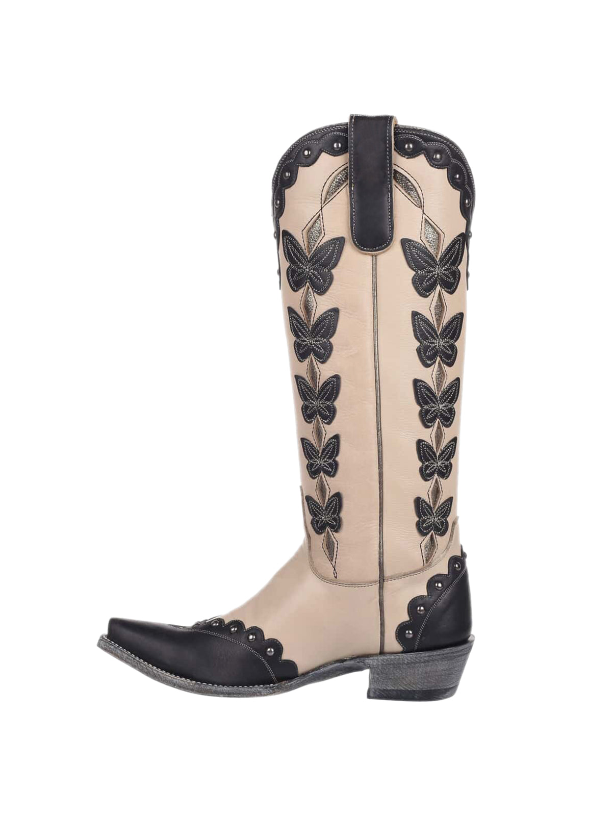 Contrast Cream And Black Snip-Toe Butterrfly Applique Wide Calf Studded Knee High Cowgirl Boots