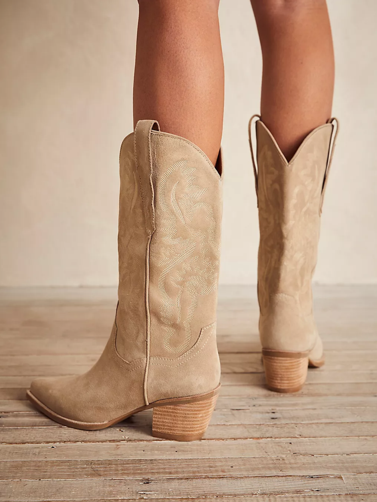 Sand Faux Suede Snip-Toe Western Embroidery Wide Mid Calf Tall Cowgirl Boots