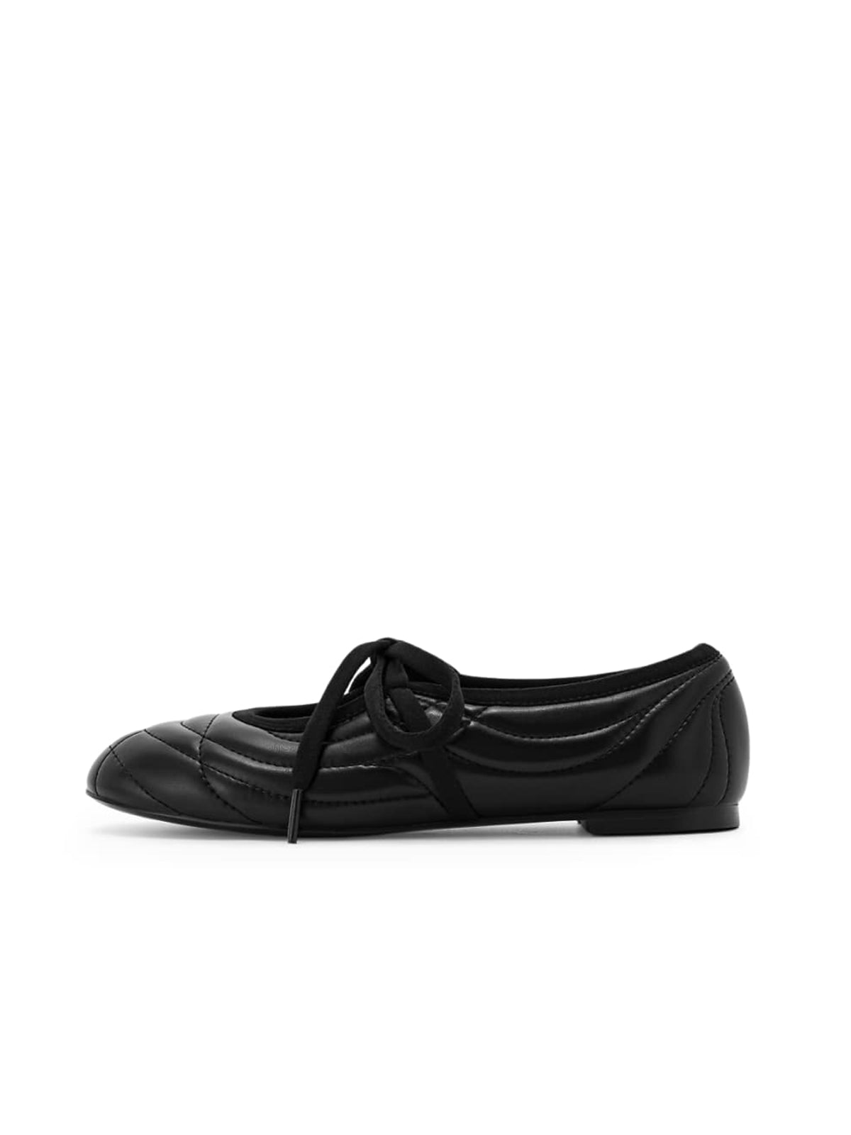Black Round-Toe Topstitching Lace Up Ballet Flats