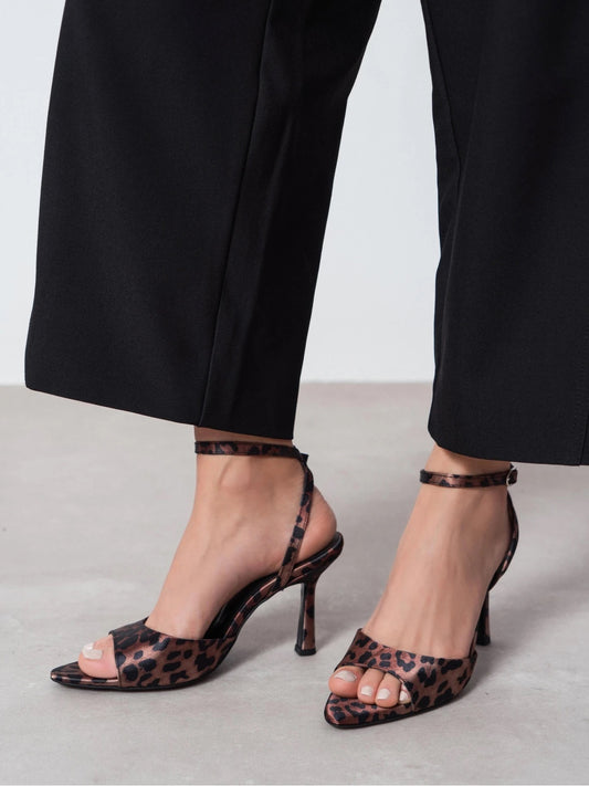 Leopard Print Satin Peep Pointed-Toe Chic Slingback And Ankle Strap High Heels