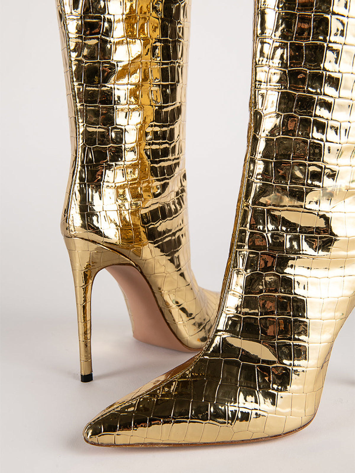 Metallic Gold Crocodile Print Pointed-Toe Wide Calf Over-The-Knee Stiletto Boots