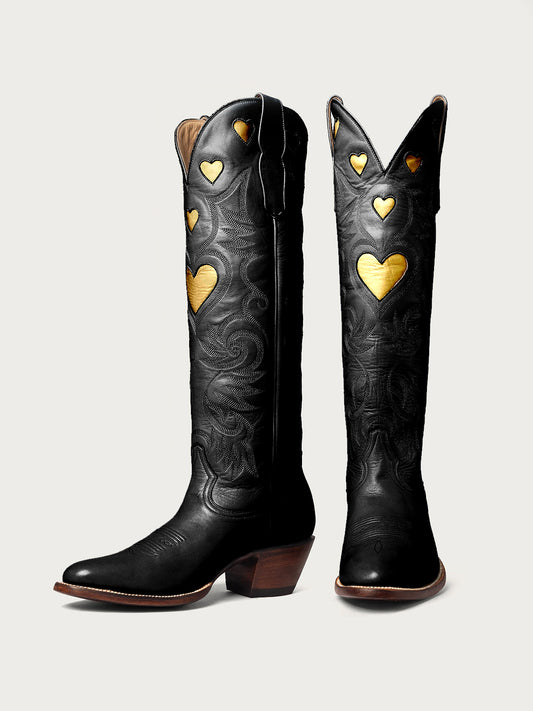 Gold Heart Inlay Embroidery Almond-Toe Tall Wide Knee High Cowgirl Boots - Black