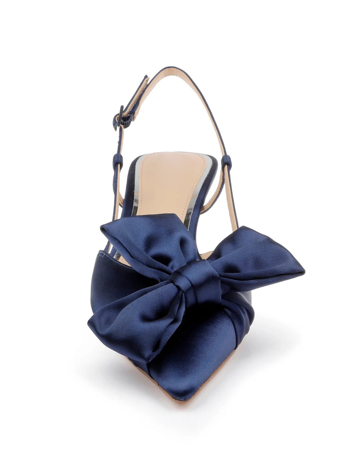 Dark Blue Satin Pointed-Toe Front Bow Slip-On Slingback Chic Kitten Heels