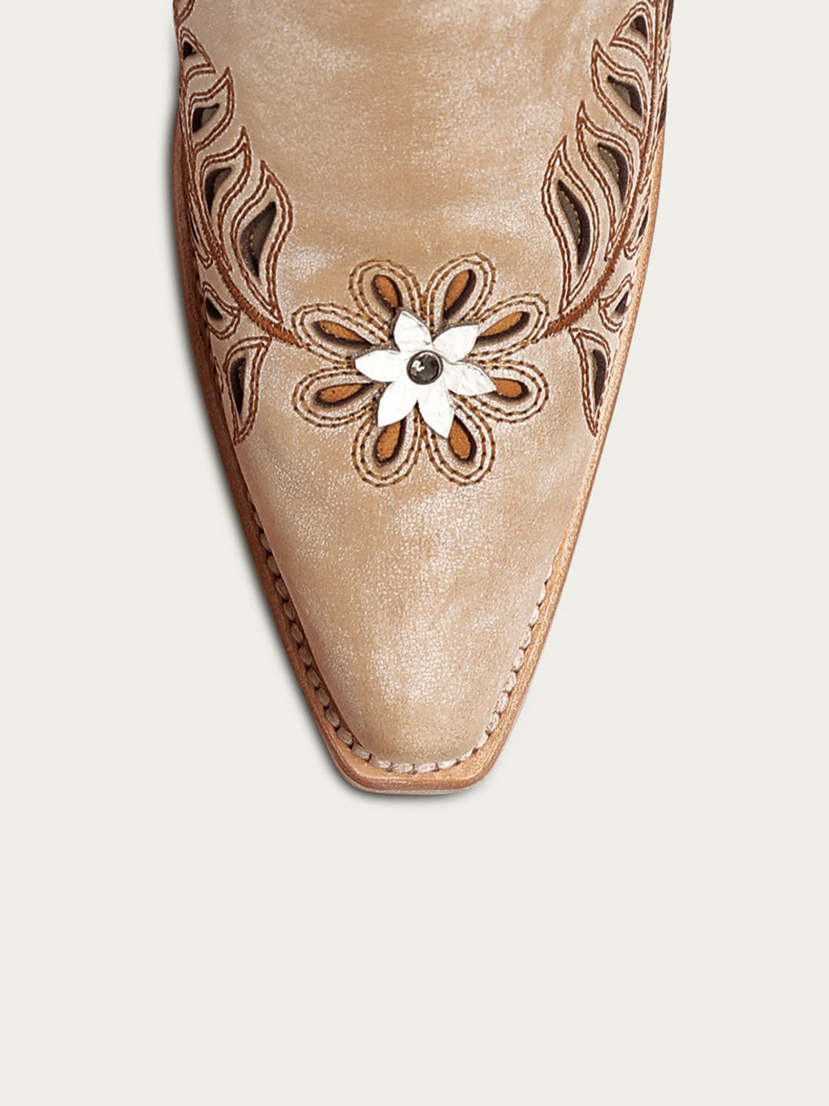 Tan Snip-Toe Leaves Flowers And Bird Inlay Half-Zip Knee High Cowgirl Boots