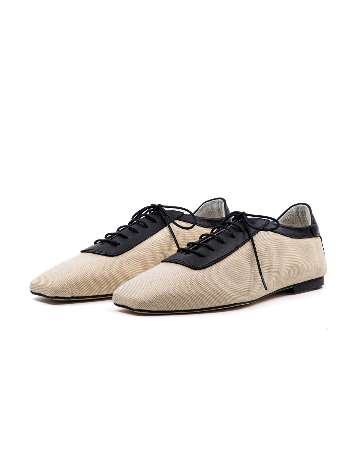 Beige Canvas And Black Vegan Leather Square-Toe Lace-Up Flats