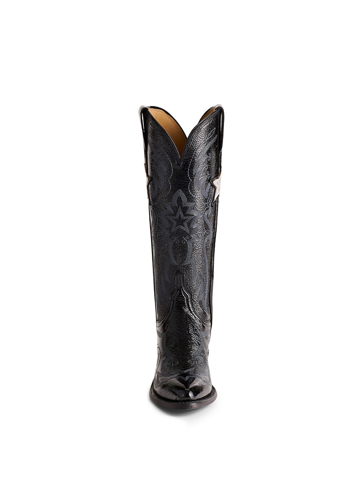 Patent Black Stitch Pointed-Toe Mid Calf Cowgirl Boots With Metallic Star Applique