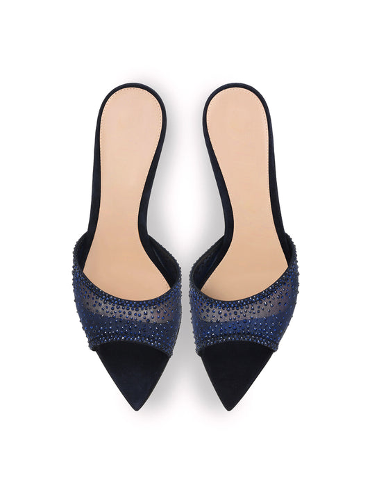 Rhinestones Mesh Open Pointed-Toe Backless Slip-On High Heels – Blue