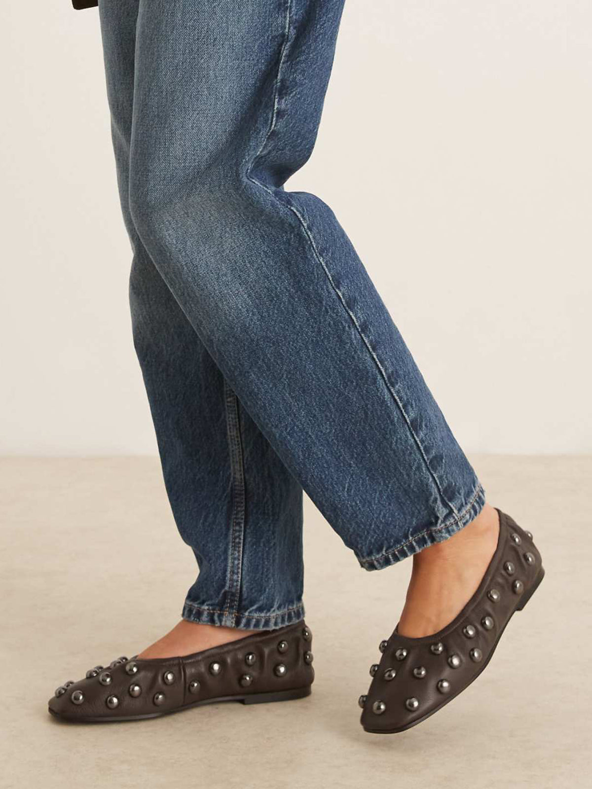 Brown Square-Toe Studded Scrunch Ballet Flats