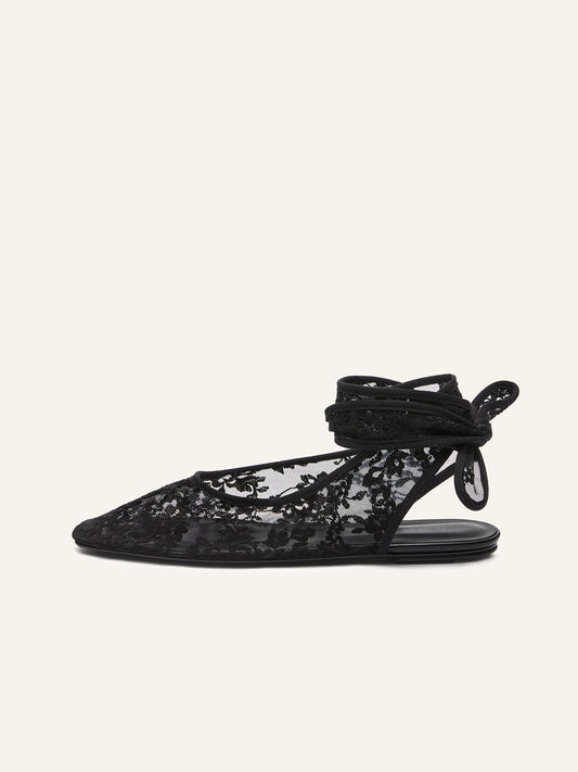 Black Lace Mesh Square-Toe Slingback Ankle Strap Flats