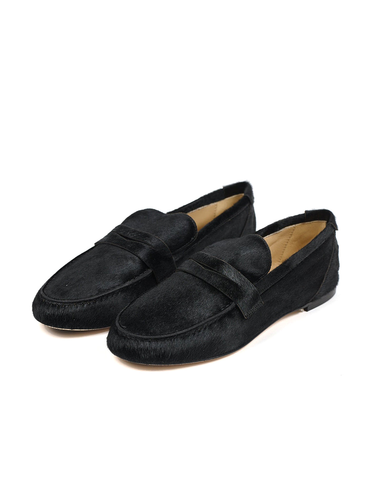 Black Pony Hair Vegan Leather Round-Toe Slip-On Chic Flats