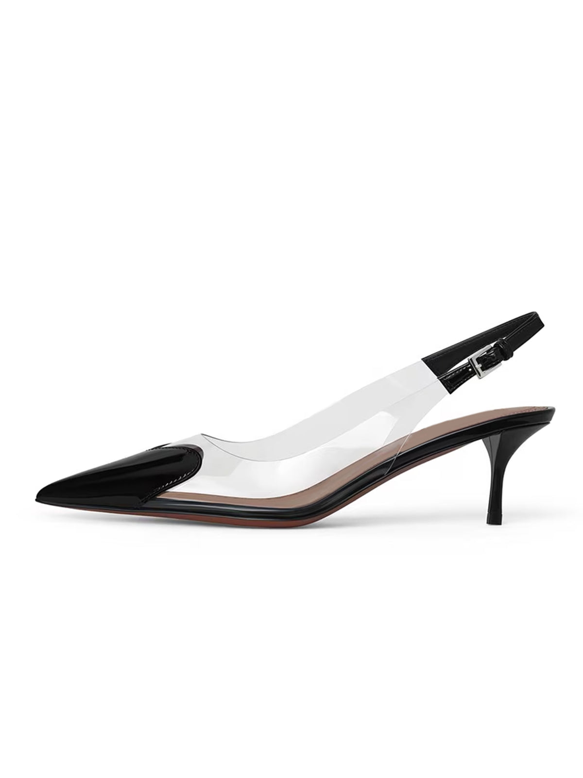 Patent Black And TPU Transparent Film Pointed-Toe Slip-On Kitten Heels