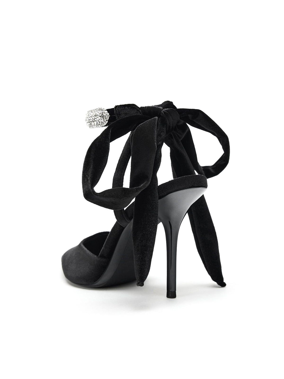 Black Velvet Pointed-Toe Slingback Rhinestone Ankle Strap With Bow High Heels