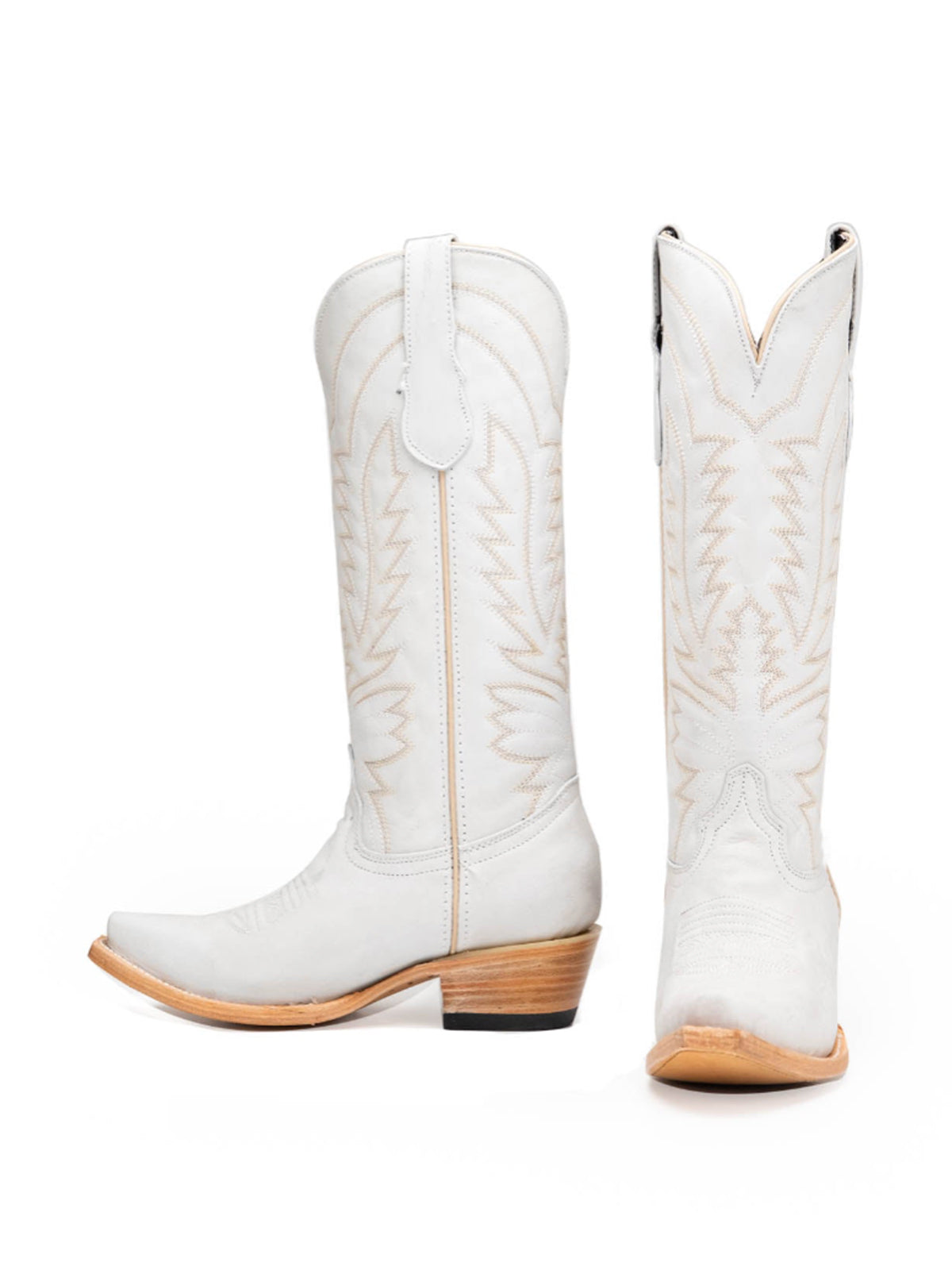Snip-Toe Sleek Embroidery Wide Calf Knee High Cowgirl Boots For Woman - Ivory