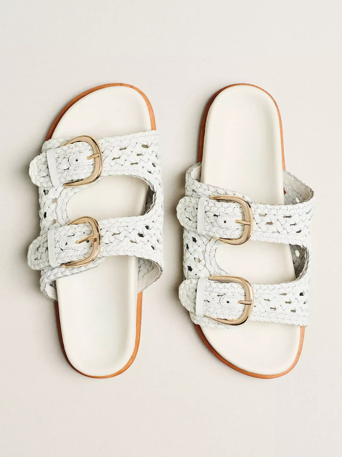 White Woven Vegan Leather Square-Toe Double Buckle Straps Slide Sandals Flats