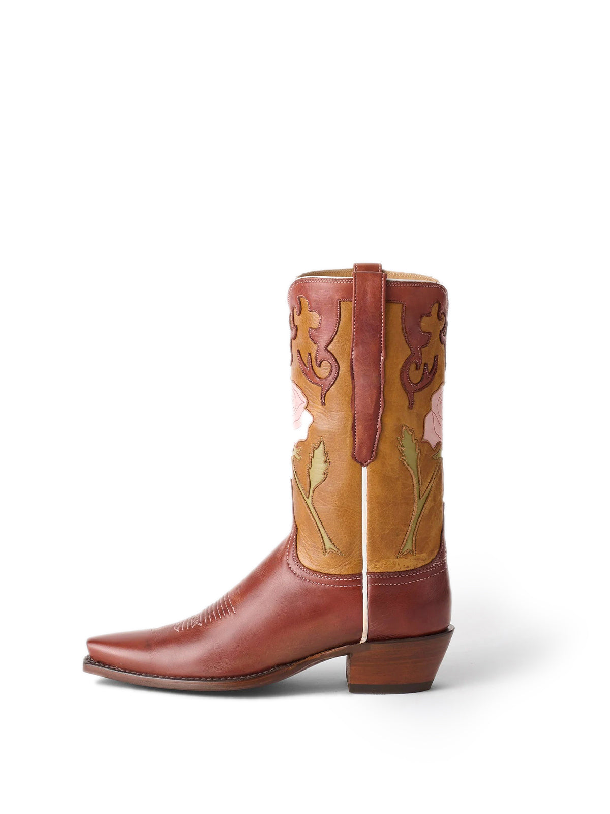Contrast Brandy And Tan Snip-Toe Big Rose Inlay Mid Calf Cowgirl Boots