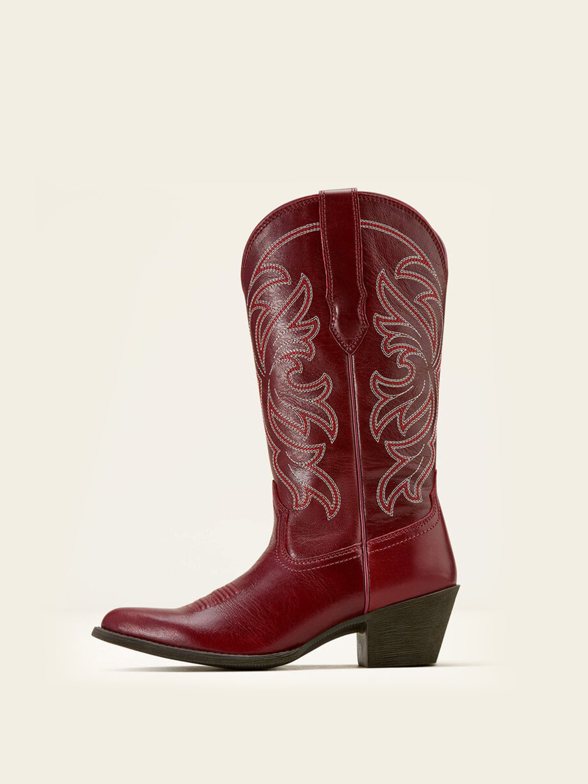 Mid Calf Almond-Toe Embroidery Cowgirl Boots - Burgundy