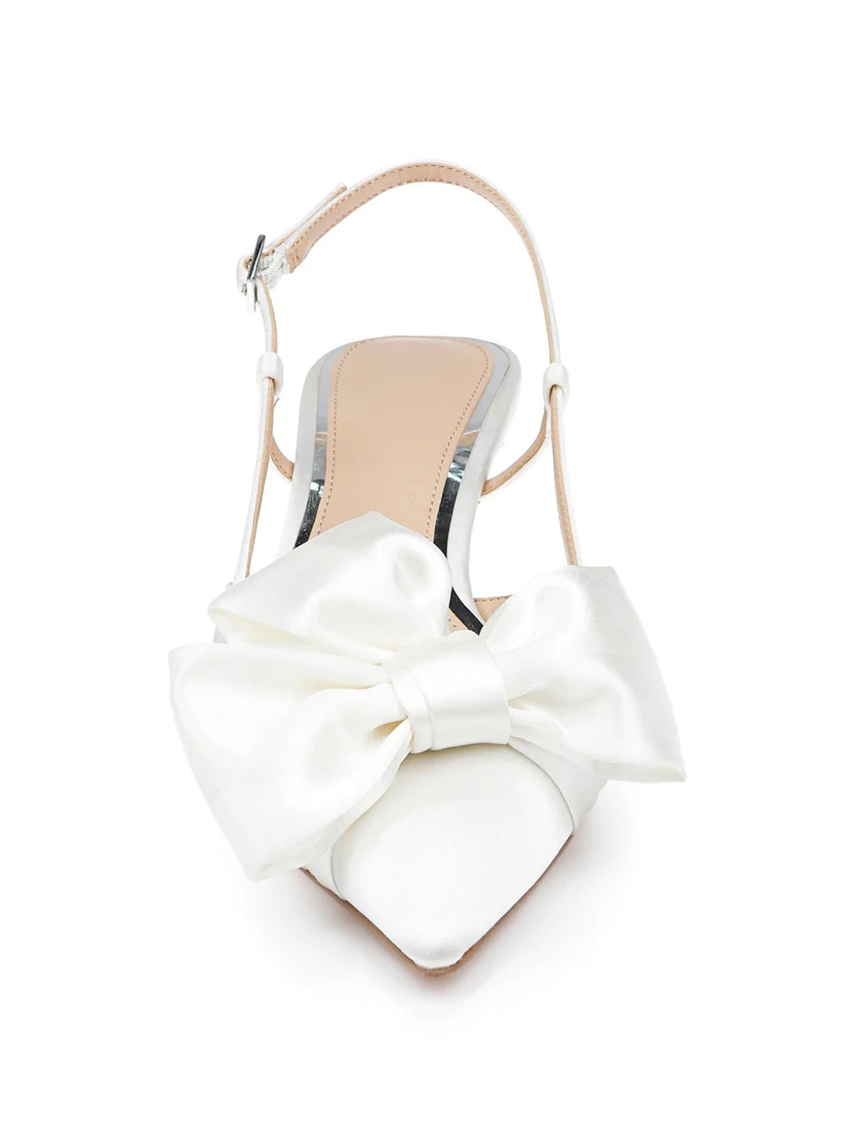 Ivory Satin Pointed-Toe Front Bow Slip-On Slingback Chic Kitten Heels